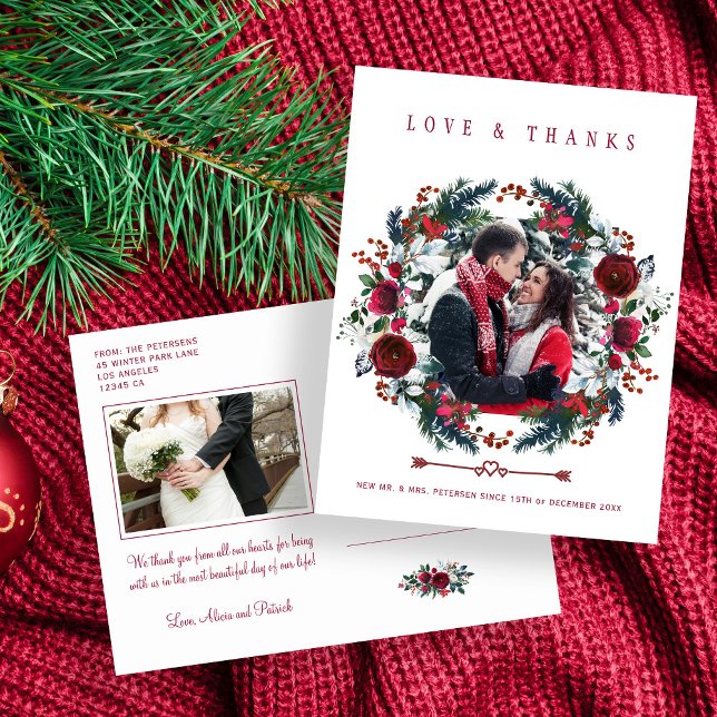 Carte Postale Les jeunes mariés Noël Red Floral Mariage Merci (Créateur téléchargé)