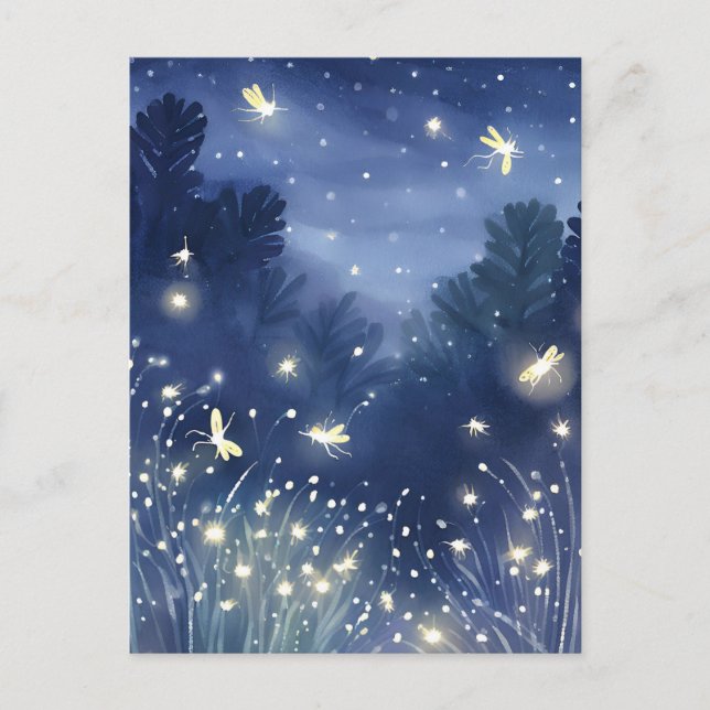 Carte Postale Les lucioles la nuit | Aquarelle bleu luciole (Devant)