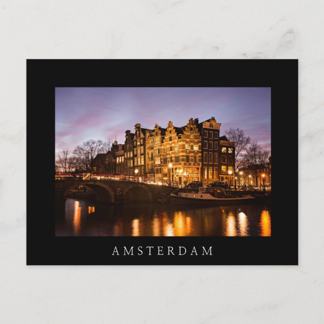Carte Postale Les maisons du canal d'Amsterdam à la nuit noire c (Devant)