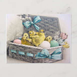 Carte Postale Les poulets en basket with eggs and flowers