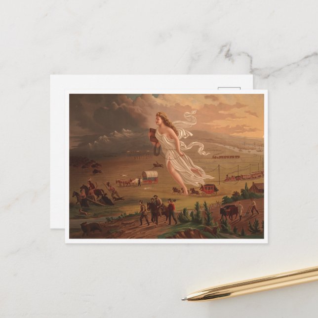 Carte Postale Les progrès américains, John Gast 1872 (Devant/Arrière en situation)