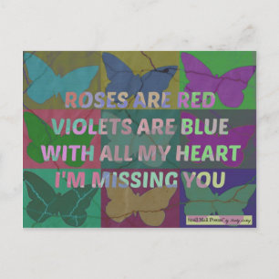 Carte Postale Les roses sont Red Missing You Poem avec des papil