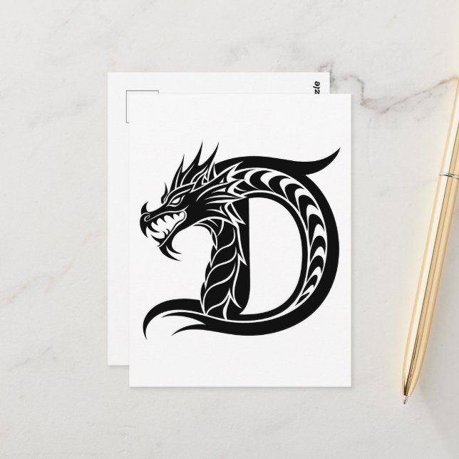 Carte Postale Lettre D de style dragon, Alphabet de dragon, Mono (Devant/Arrière en situation)