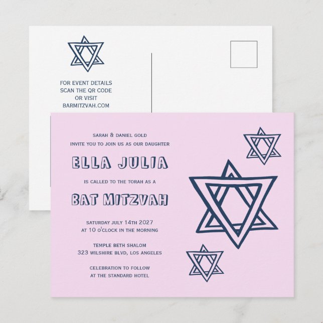 Carte Postale LETTRE D'ÉTOILE STAR DU Bat mitzvah QR personnalis (Devant / Derrière)