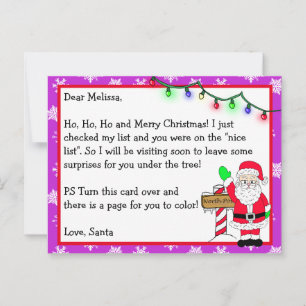 Carte Postale Lettre du Père Noël pour les enfants + page de col