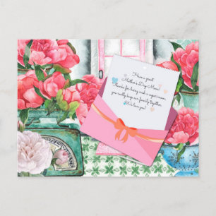 CARTE POSTALE LETTRE FLEURIE ROSSE ENVELOE FÊTE DES MÈRES