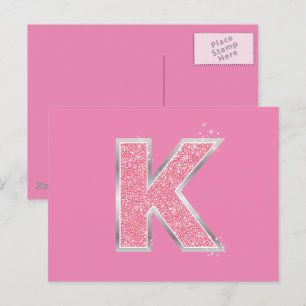 Carte Postale Lettre K en paillettes roses