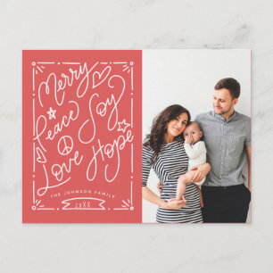 Carte Postale Lettre main Joyeux Paix Joy Love Hope Red Photo