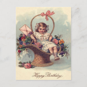 Carte Postale Lettre mignonne petite fille Panier Fleurs
