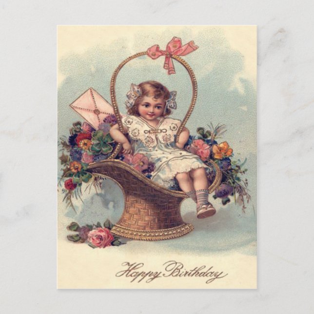 Carte Postale Lettre mignonne petite fille Panier Fleurs (Devant)
