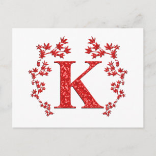 Carte Postale Lettre monogramme K Feuilles rouges