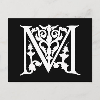 Carte Postale Lettre vintage M Monogramme Noir Blanc "M" Initial