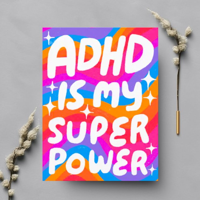 Carte Postale Lettres bulles ADHD Super Power Fun sur mesure (ADHD is my superpower handlettered bold colorful rainbow postcard)