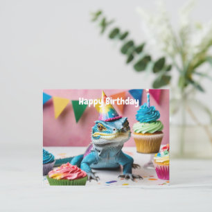 Carte Postale lézard varan d'eau portant un chapeau d'anniversai