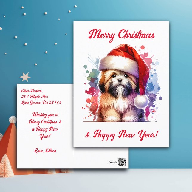 Carte Postale Lhasa Apso Chien à Santa Hat Noël (Créateur téléchargé)
