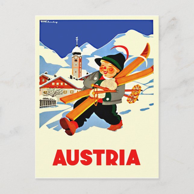 Carte Postale L'hiver en Autriche. Un homme heureux va skier (Devant)