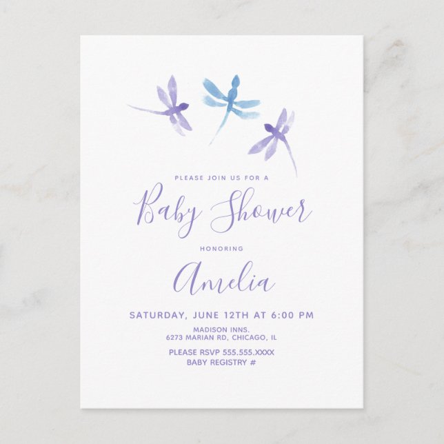 Carte Postale Libellule Aquarelle Violet Bleu Baby Shower (Devant)