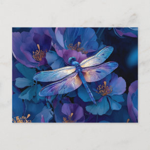 Carte Postale Libellule iridescente Fleurs colorées
