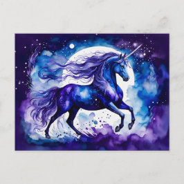 Carte Postale Licorne bleue majestueuse à l'aquarelle boho sous