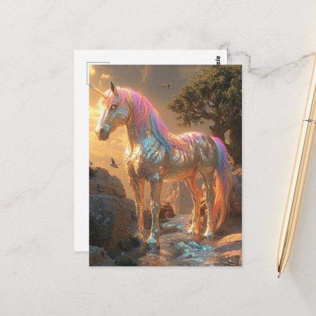 Carte Postale Licorne de fantaisie à iridescence (Devant/Arrière en situation)