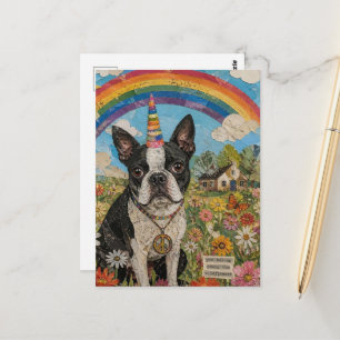 Carte Postale Licorne de la paix Boston Terrier dans les fleurs 