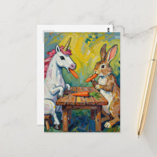 Carte Postale Licorne et lapin mangeant des carottes