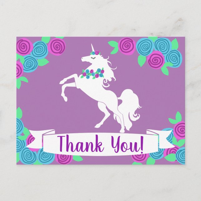 Carte Postale Licorne Fleurie Féminine & Fleurs Merci (Devant)