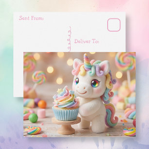 Carte Postale Licorne pastel avec Cupcake arc-en-ciel