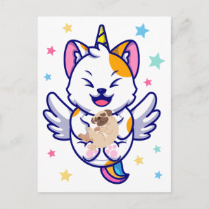 Carte Postale Licorne tenant un chien pug kawaii anime
