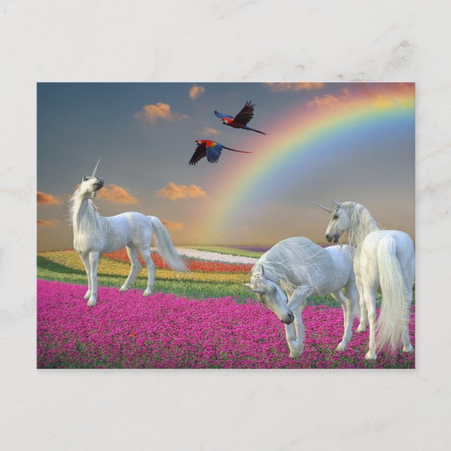Carte Postale Licornes Fantastique Arc-en-ciel Fleur Paysage (Devant)