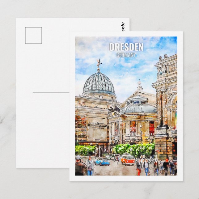 Carte Postale Lieu de voyage Dresde Allemagne Aquarelle (Devant / Derrière)