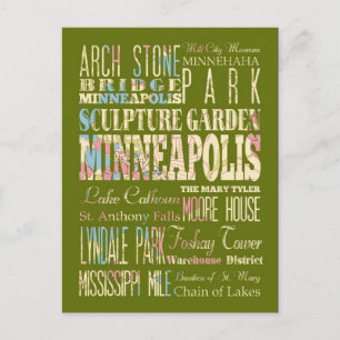 Carte Postale Lieux célèbres de Minneapolis, Minnesota.