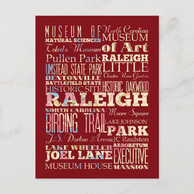 Carte Postale Lieux célèbres de Raleigh, Caroline du Nord. (Devant)