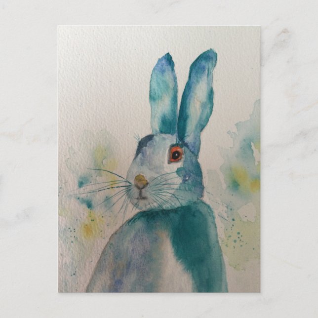 Carte Postale Lièvre Aquarelle Bleu (Devant)