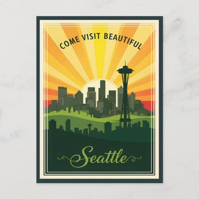 Carte Postale Ligne d'horizon Retro Seattle avec aiguille spatia (Devant)
