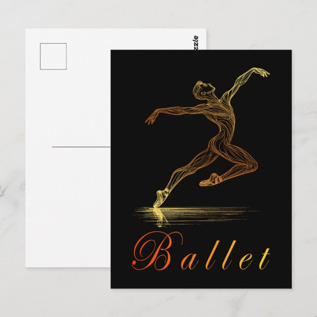 Carte Postale Ligne d'or Ballet Danseuse masculine Illustration (Devant / Derrière)