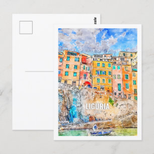 Carte Postale Ligurie Italie Fameux Voyage Aquarelle Sketch