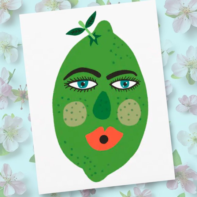 Carte postale lime fantaisiste (Funny whimsical lime fruit with a face. Customize with your own text)