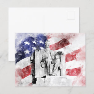 Carte Postale Lincoln Memorial aquarelle avec drapeau américain