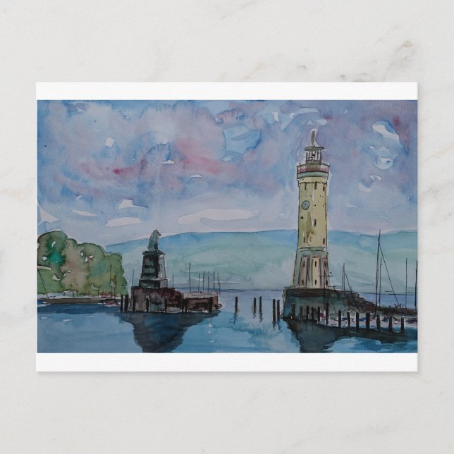 Carte Postale Lindau avec Lion et Lighttower sur le lac de Const (Devant)