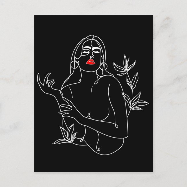 Carte Postale Line Art illustration. Femme en noir et blanc (Devant)