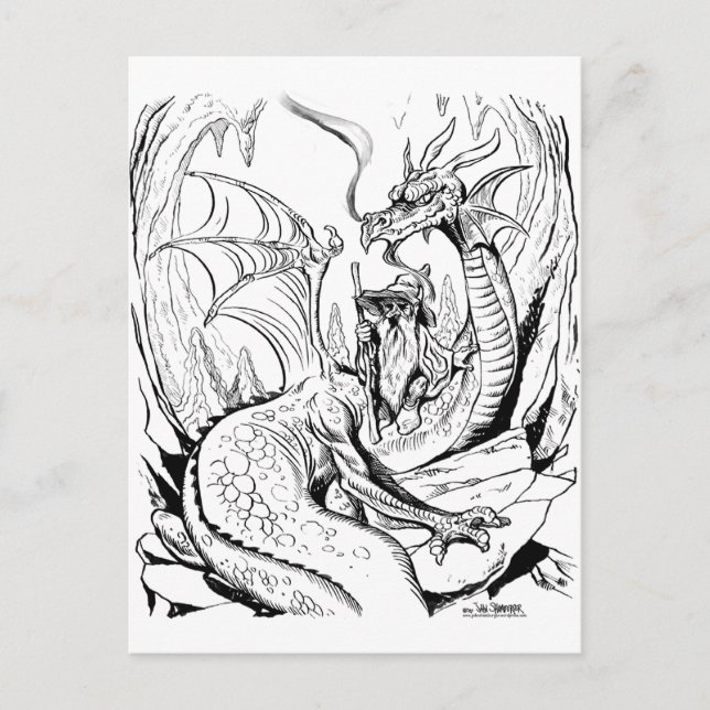 Carte Postale lineart nain et dragon (Devant)
