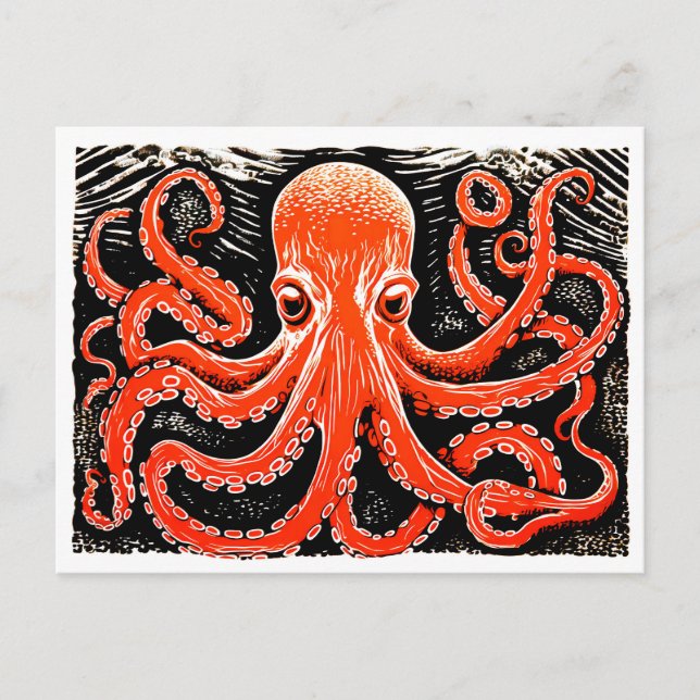 Carte Postale Linocut d'une pieuvre rouge sur un bg noir et blan (Devant)