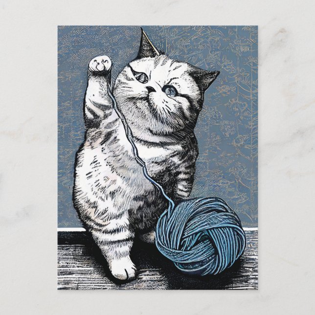Carte Postale Linocut Kitten Jouer avec une balle de fils (Devant)