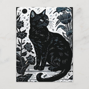 Carte Postale Linogravure d'un chat noir parmi les fleurs