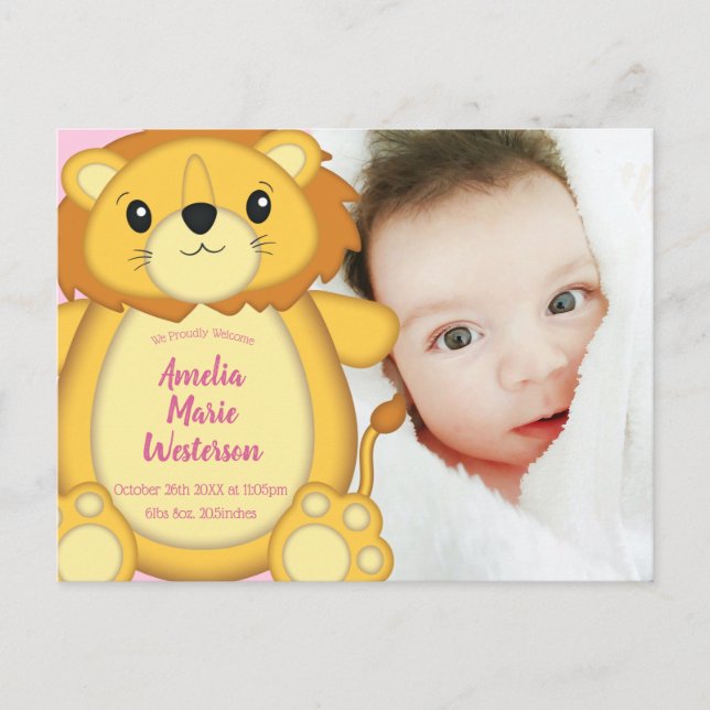 Carte Postale Lion Baby shower rose (Devant)