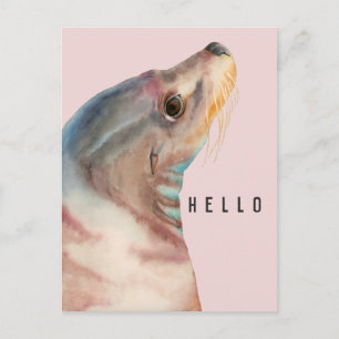 Carte Postale Lion de mer rose mignon BONJOUR