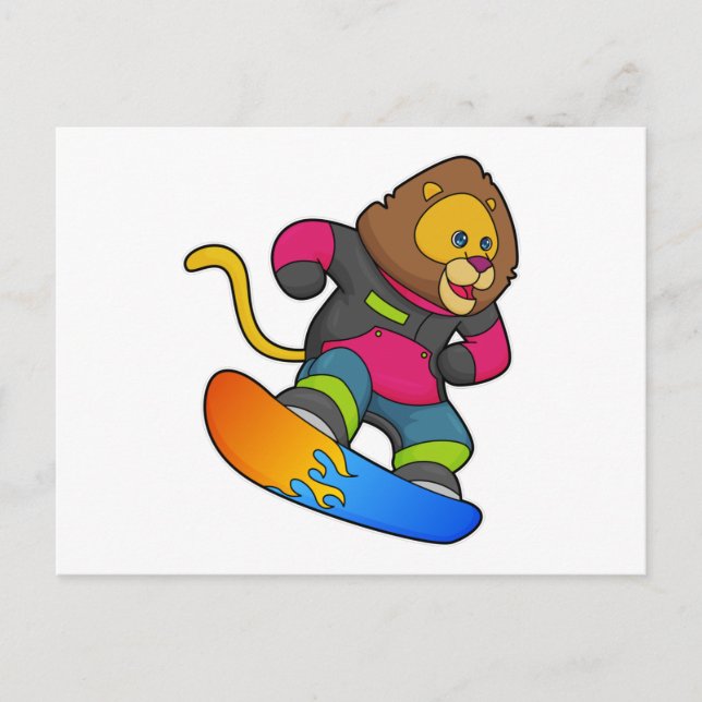 Carte Postale Lion en planchiste avec snowboard (Devant)
