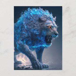 Carte Postale Lion feu Flames bleu