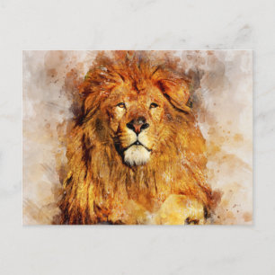 Carte Postale Lion mâle avec grand portrait d'aquarelle de manne